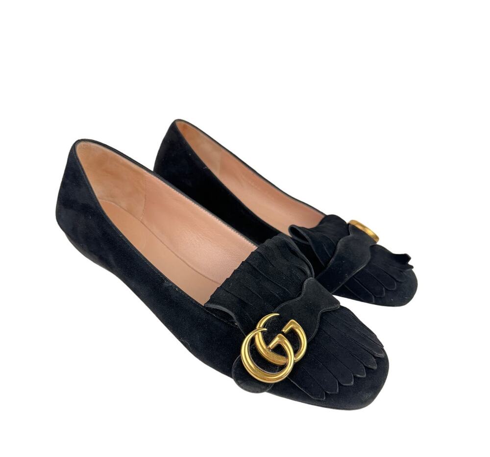 GUCCI Black Slip On Fringe Marmont Suede Designer Loafer Flats Shoes Sz 38.5